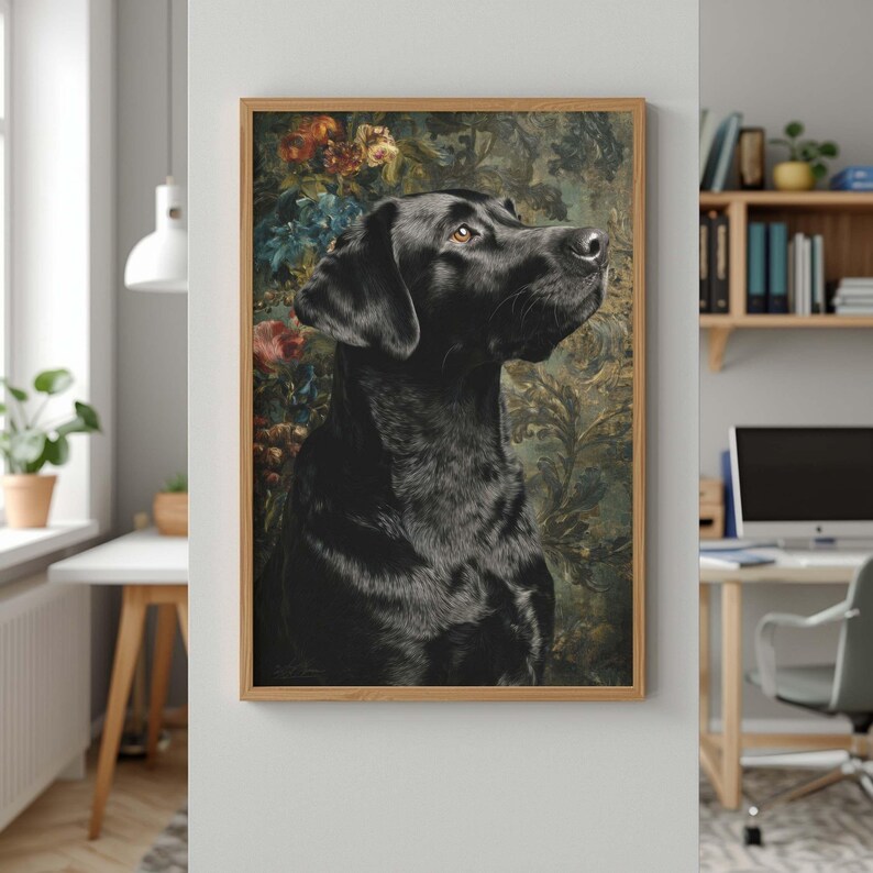 Moody retriever wall art instant download — detailed classical-style canine with amber gaze and decorative background