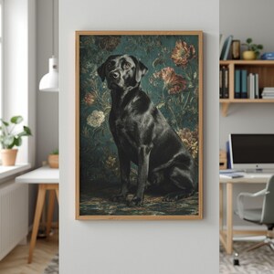 Dignified pet portrait poster for dining room — moody classic artwork with rich florals and shadowed realism