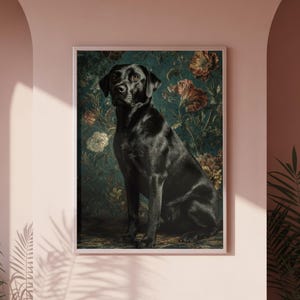 Sophisticated dog wall art instant download — realistic vintage portrait with ornamental flowers and dramatic shadowing