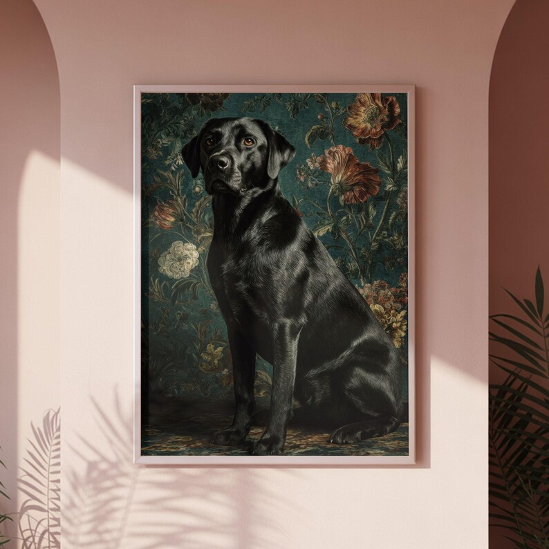 Sophisticated dog wall art instant download — realistic vintage portrait with ornamental flowers and dramatic shadowing