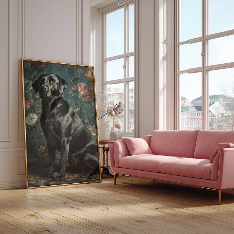 Black Lab instant download printable art for home — sophisticated portrait with ornate floral background and jewel tones