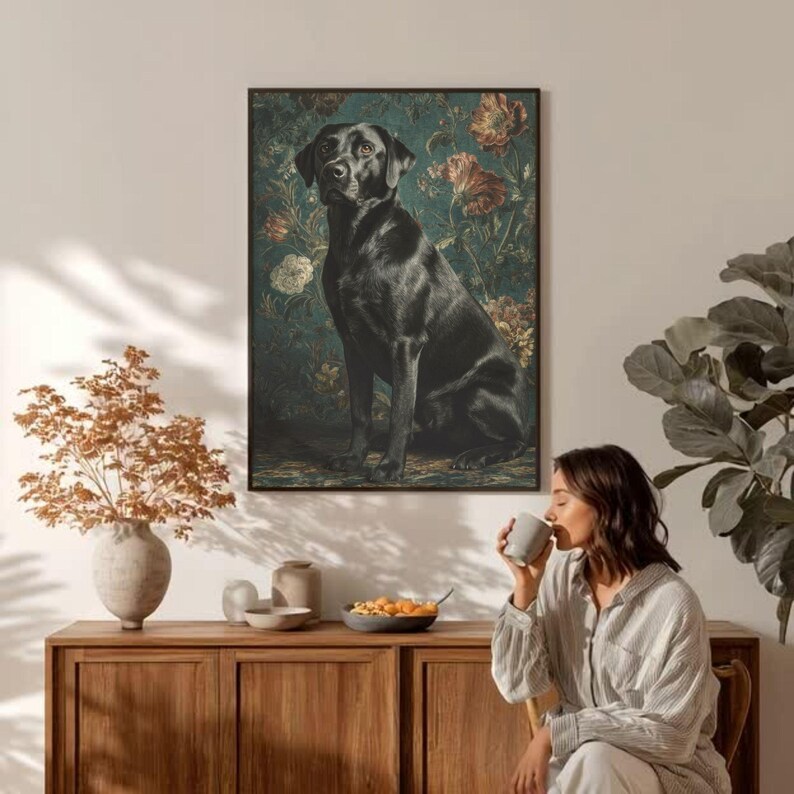 Black Labrador wall decor digital download — refined portrait art with peony and tulip botanical design