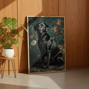 Classic dog painting wall print for den — old-world style with layered peonies, leafy stems, and dramatic lighting