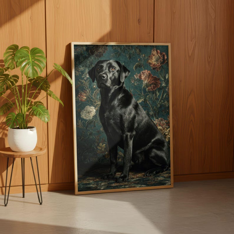 Classic dog painting wall print for den — old-world style with layered peonies, leafy stems, and dramatic lighting
