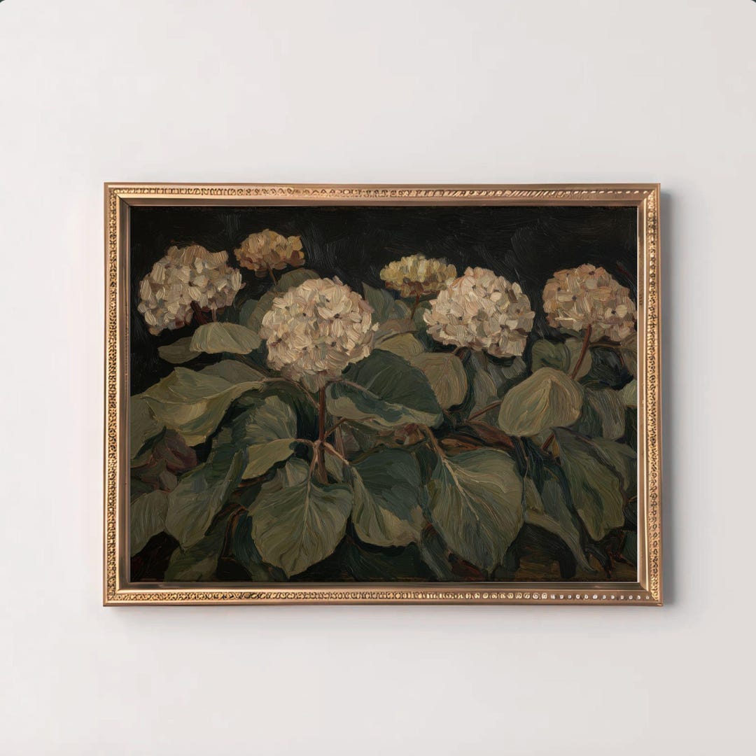 Moody Hydrangea Print | Dark Green Floral, Vintage Botanical (digital ...