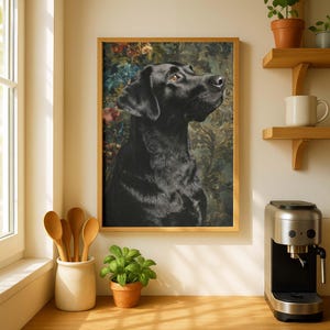 Upward-gazing dog poster for bedroom — vintage-inspired portrait with rich textures and teal botanical elements