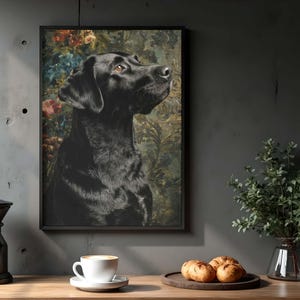 Labrador artwork for living room instant download — moody vintage portrait with detailed brushstrokes and jeweled florals