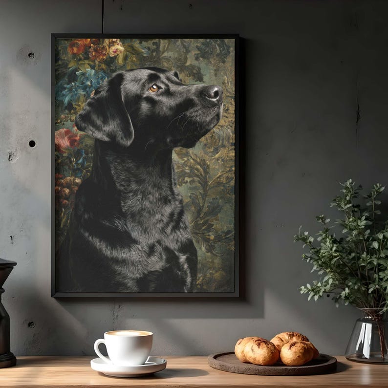 Labrador artwork for living room instant download — moody vintage portrait with detailed brushstrokes and jeweled florals