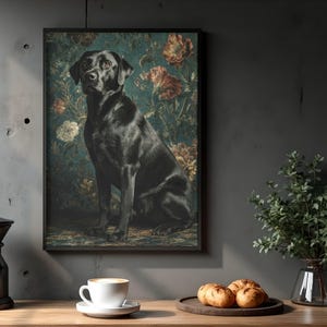 Canine gallery wall art print — dramatic vintage dog portrait surrounded by cream, pink, and red botanical elements