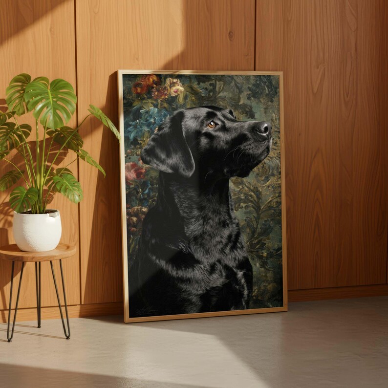 Labrador digital print for home office — classical pet portrait with dark dramatic aesthetic and warm accents