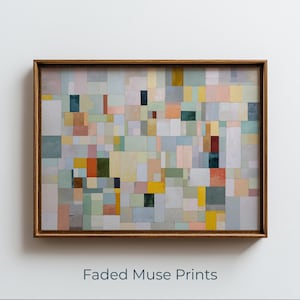 May include: Abstract art print in a wooden frame. The artwork features a mosaic of colorful rectangular shapes in pastel shades of blue, green, yellow, pink, and red. The text "Faded Muse Prints" is at the bottom of the image.