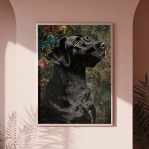 Pet portrait painting printable for den — dramatic black Labrador with jewel-tone florals and gold ornaments