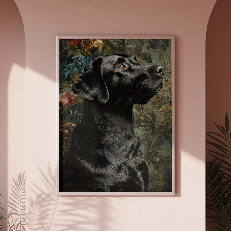 Pet portrait painting printable for den — dramatic black Labrador with jewel-tone florals and gold ornaments