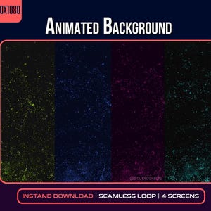 Może przedstawiać: Animowane tło z czterema odrębnymi sekcjami. Każda sekcja ma ciemne tło z kolorowymi, nakrapianymi wzorami. Tekst zawiera "Animated Background", "1920x1080" i "INSTAND DOWNLOAD | SEAMLESS LOOP | 4 SCREENS."