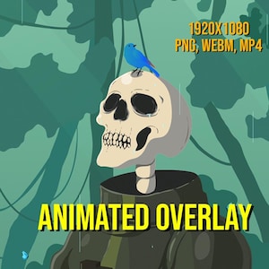 May include: Animated overlay featuring a cartoon skull with a blue bird perched on top. The skull has dark eye sockets and a detailed jaw. The text "ANIMATED OVERLAY" is displayed in yellow. The background is a jungle scene.