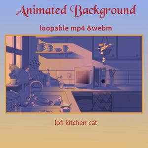 May include: An animated illustration of a kitchen scene with a cat on the windowsill. The text "Animated Background" and "loopable mp4 & webm" are at the top, and "lofi kitchen cat" is at the bottom. The color palette is soft and warm.
