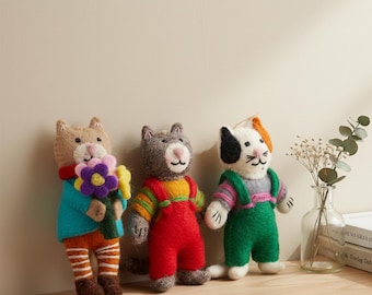 Handmade Needle-Felted Wool Cat Ornaments - Hanging Decor Set