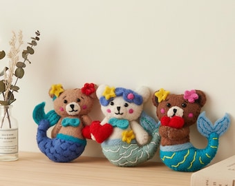 Handmade Wool Felt Mermaid Bear Ornaments. Needle-Felted Hanging Decor for Whimsical Display Home Style