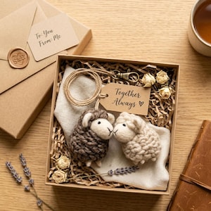 Handmade Wool Felt mini Sheep Figurine. Needle Felted Lamb Ornament, Gift For Her Two-piece set