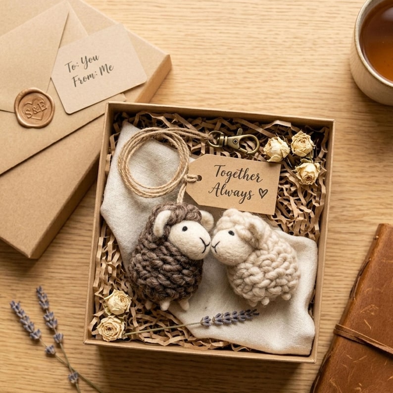Handmade Wool Felt mini Sheep Figurine. Needle Felted Lamb Ornament, Gift For Her Two-piece set