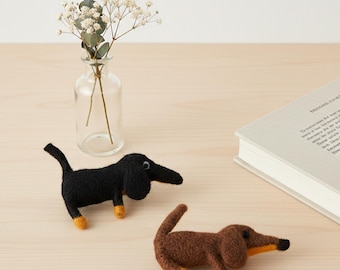 Handmade Wool Felt Dachshund Friends Brooch Set. Needle-Felted Dog Pins for Outfit Decor