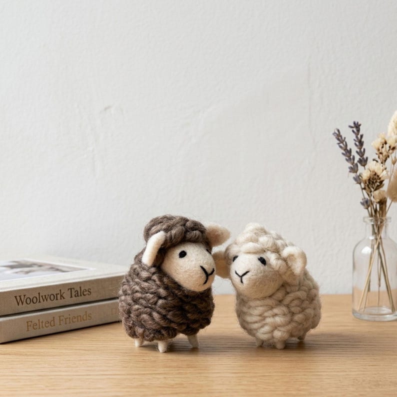May include: Two handcrafted felted sheep figurines. One sheep is brown, the other is off-white. Both have white faces and small black eyes. They are standing on a wooden surface next to a stack of books and a vase of dried flowers. The sheep are approximately 3 inches tall.