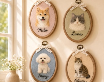 Custom Wool Felt Dog Cat Portrait Hoop, Personalized Pet Photo Art, Handmade Memorial Home Decor Keepsake Gift