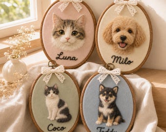 Custom Wool Felt Pet Portrait Hoop, Handmade Needle Felted Dog Cat Art, Personalized Pet Keepsake, Photo to Art