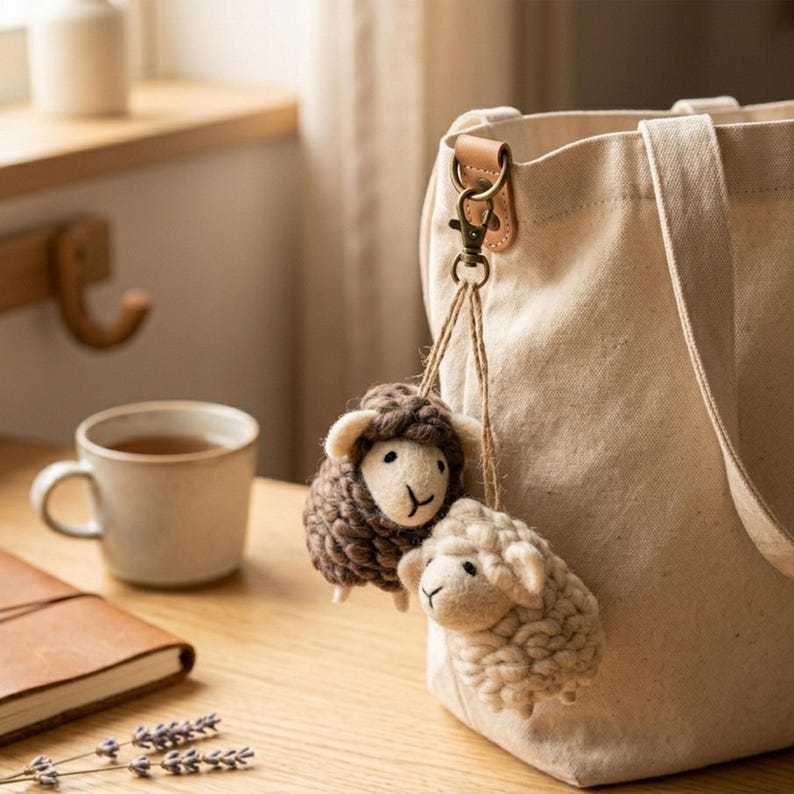 May include: Two wool sheep keychains, one brown and one cream, hang from a canvas tote bag. The keychains are attached with a metal clasp and twine. The bag is beige and has a leather handle.