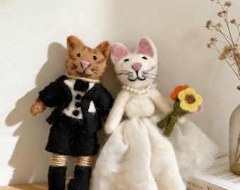 Handmade Wool Felt Wedding Cat Ornaments. Needle-Felted Romantic Hanging Decor Set
