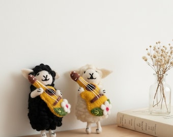 Handmade Wool Felt Guitar Sheep Ornaments. Needle-Felted Hanging Decor for Cozy Home Display