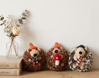 Handmade Wool Felt Hedgehog Ornaments. Needle-Felted Hanging Decor Home Art Gift Set