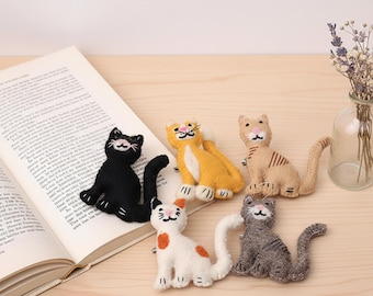 Handmade Wool Felt Cat Brooch Set - Needle-Felted Animal Pins