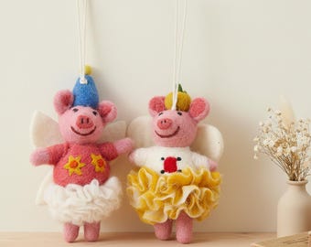 Handmade Wool Felt Pig Ornaments. Needle-Felted Hanging Decor for Cozy Display