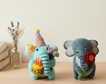Handmade Wool Felt Elephant Friends Ornaments. Needle-Felted Hanging Decor with Gentle Story