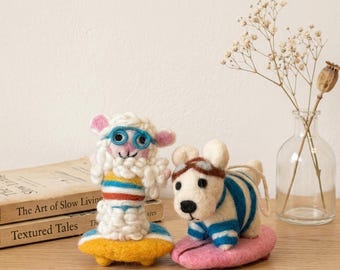Handmade Wool Felt Surfing Friends | Needle Felted Puppy Lamb | Soft Animal Ornament