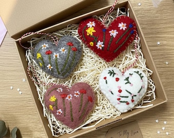 Handmade Wool Felt Embroidered Heart Ornaments. Needle-Felted Hanging Decor for Love Memories and Home