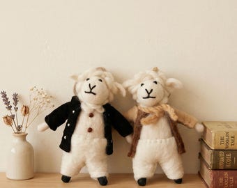 Handmade Wool Felt Gentleman Sheep. Dapper Lamb Figurines, Soft Woolen Animal Art
