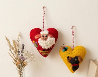 Handmade Wool Felt Heart Friends | Needle Felted Puppy Lamb | Soft Animal Ornament