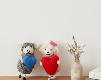 Handmade Wool Felt Heart Sheep Couple Ornaments. Needle-Felted Hanging Decor with Romantic Story