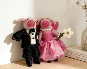 Handmade Wool Felt Wedding Pig Ornaments. Needle-Felted Romantic Hanging Decor Set