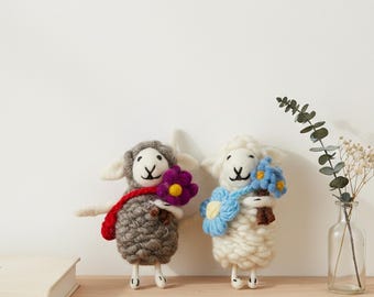 Handmade Wool Felt Lamb Ornament Set. Needle-Felted Hanging Decor with Floral Meadow Charm