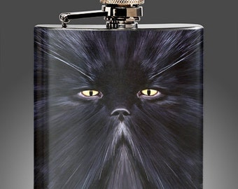 Black Cat Flask - Grumpy Black Persian Cat Face on a Stainless Steel Liquor Flask 6oz Hip Flask