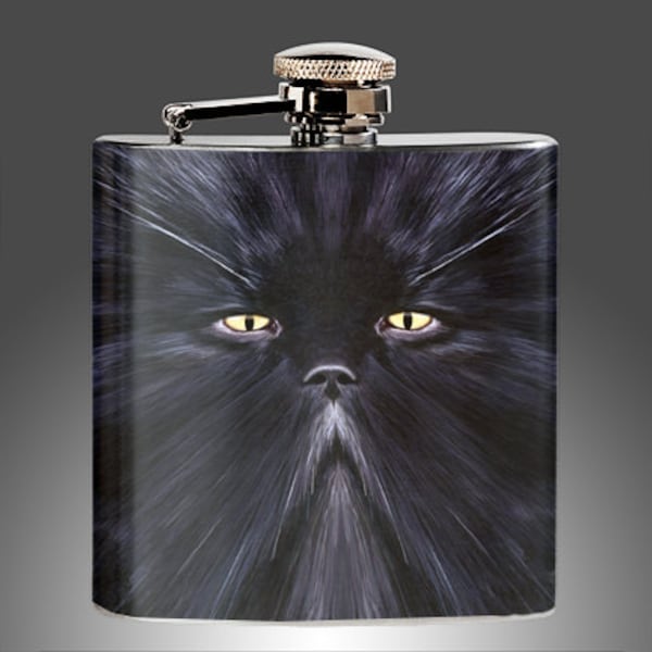 Black Cat Flask - Grumpy Black Persian Cat Face on a Stainless Steel Liquor Flask 6oz Hip Flask