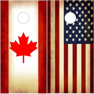 Cornhole Decals Vinyl Graphic Wraps - Canada Flag American Flag - Rustic - Set of 2