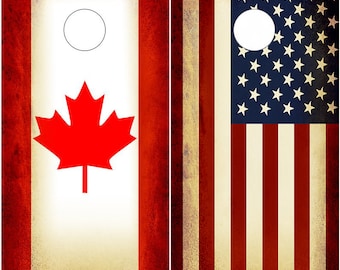 Cornhole Decals Vinyl Graphic Wraps - Canada Flag American Flag - Rustic - Set of 2