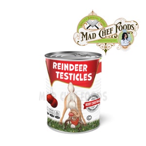 FUNNY CHRISTMAS Reindeer Testicle - Soup Can Labels - Adhesive Vinyl Wrap Stickers - Stocking Stuffer Joke Gag Gift from Santa