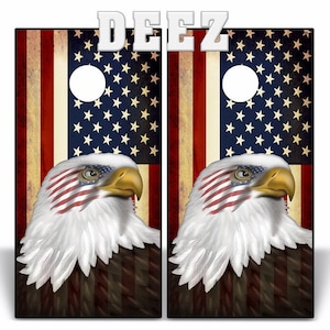 Vinyl Cornhole Wraps American Flag American Eagle Rustic US Flag Great for 4th of July Picnics and Lawn Games Red White and Blue | Set of 2