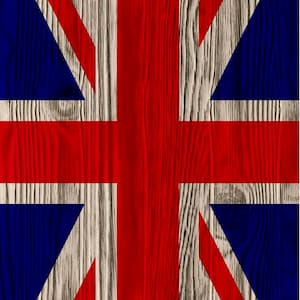 May include: A wooden sign with a red, white, and blue Union Jack flag design. The sign has a circular cutout in the center.