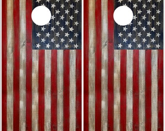 Cornhole Wrap Decals American Flag Graphics Distressed Wood Grain Image Set of 2